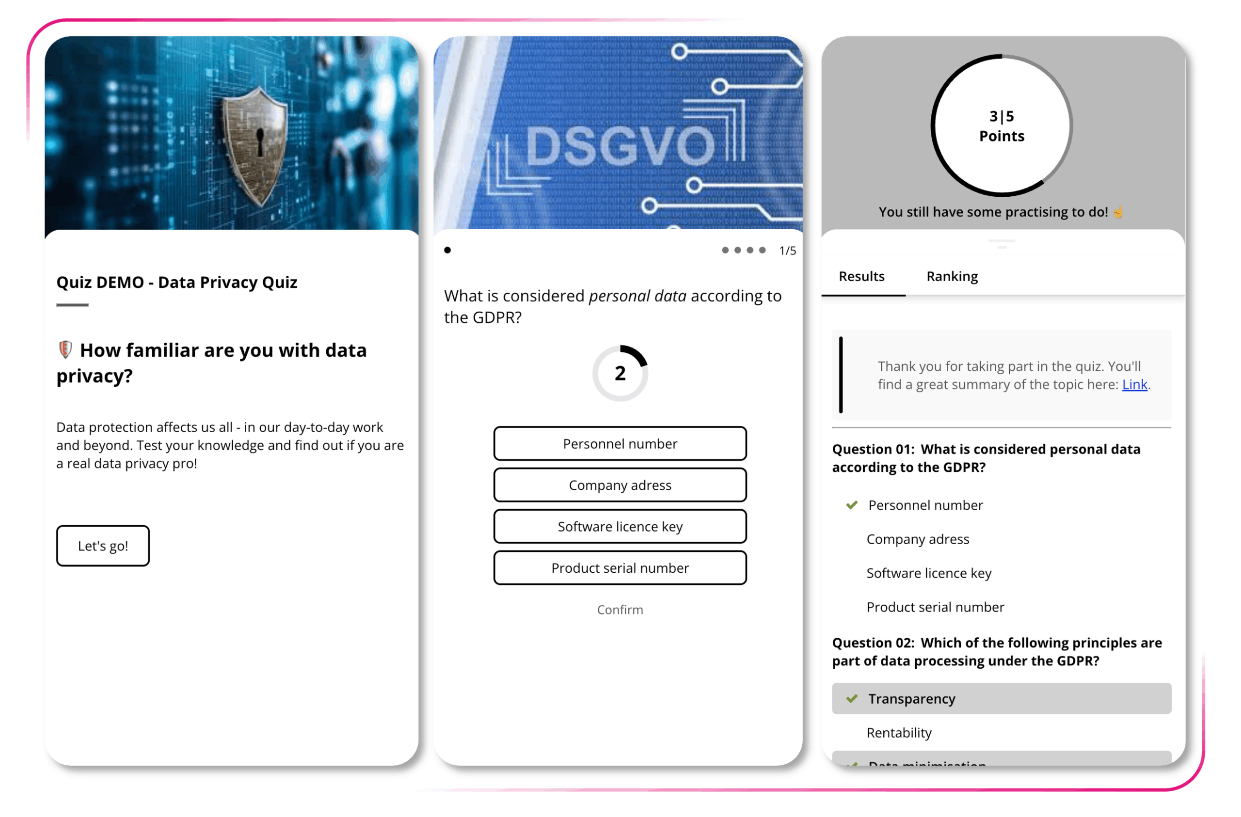 Screenshots of Quiz Plugin