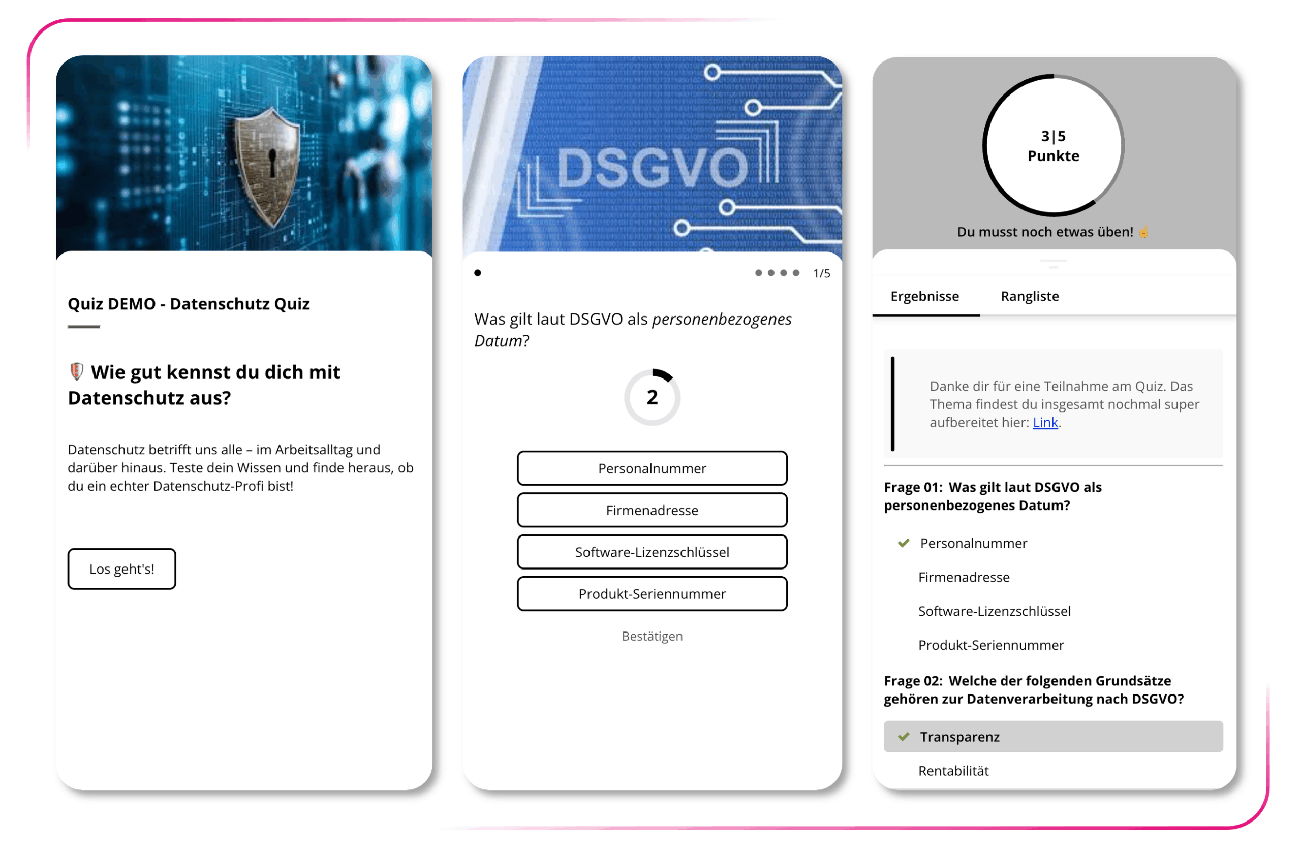 Screenshots vom Quiz Plugins.